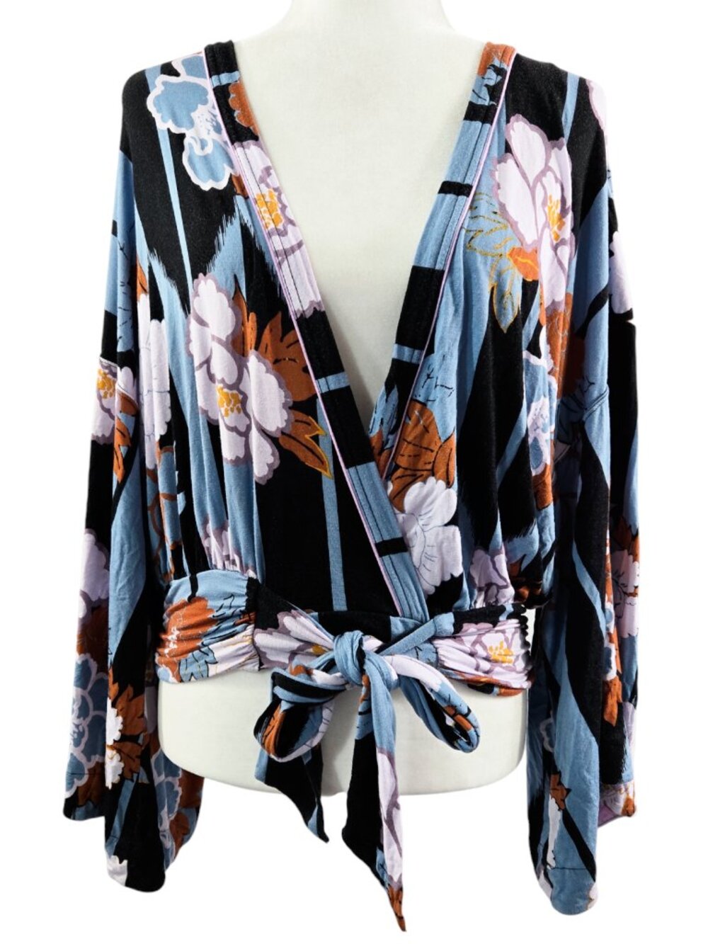 Free People That's a Wrap Slate Blue Floral Bell Sleeve Jersey Knit Crop Top